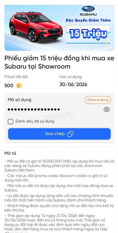 Giảm giá mua xe Subaru 15 triệu đồng